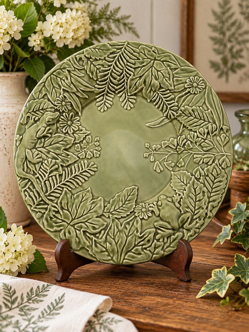 PORTA 11" Green Ceramic Frog & Botanical Embossed Dinner Plate Platter